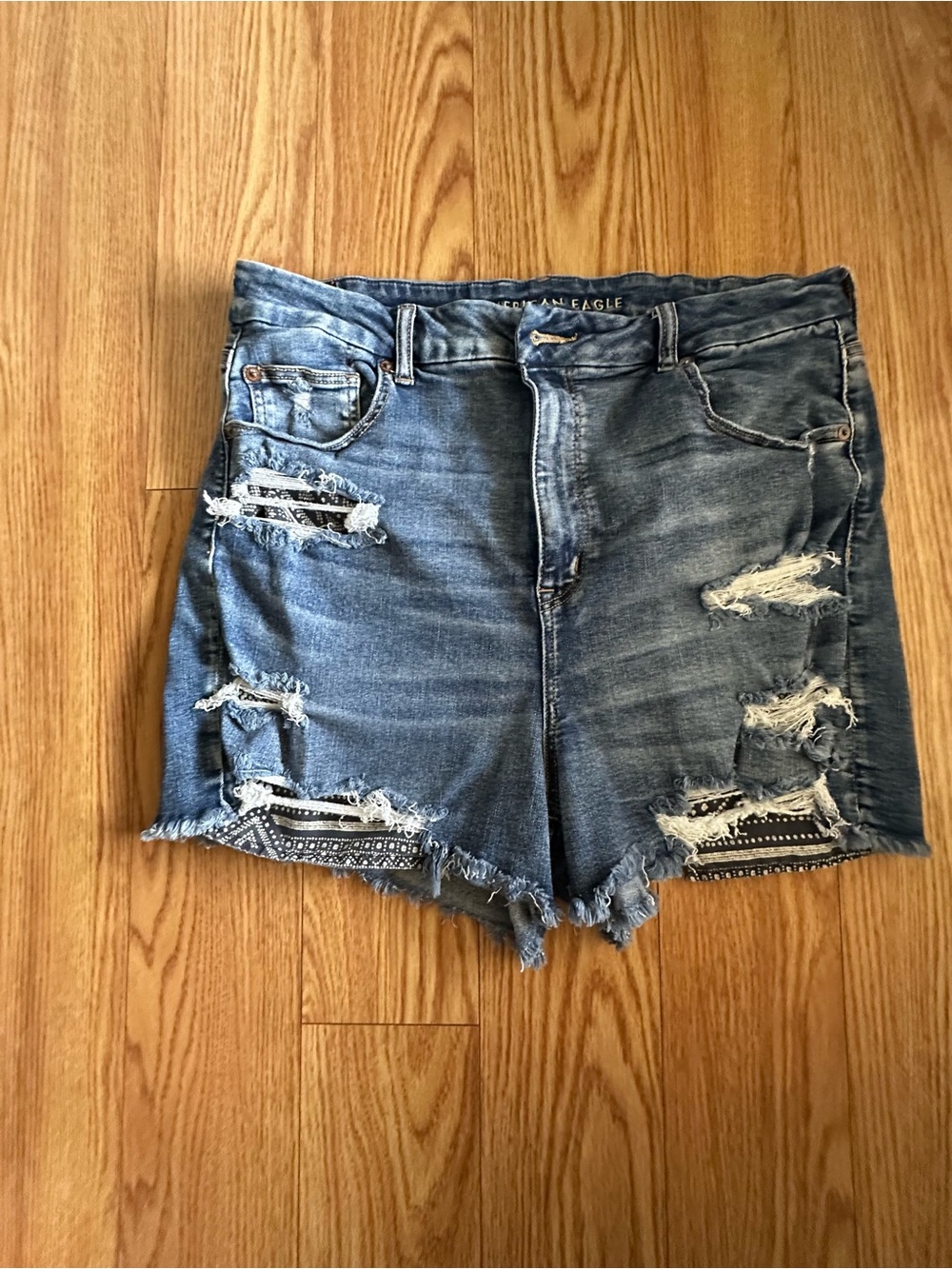 American Eagle Outfitters Blue Distressed Denim Shorts with Patch Detail